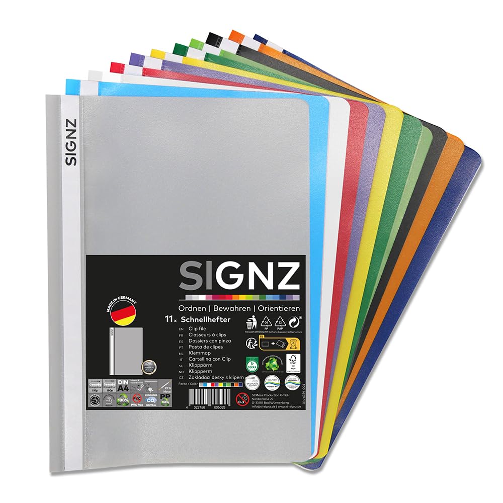 Schnellhefter DIN A4 SIGNZ, stabils, 11 gab., 11 krāsas, caurspīdīgs vāks, CO2-neutral hergestellt, pārstrādājams PP, FSC Mix 70%, made in Germany
