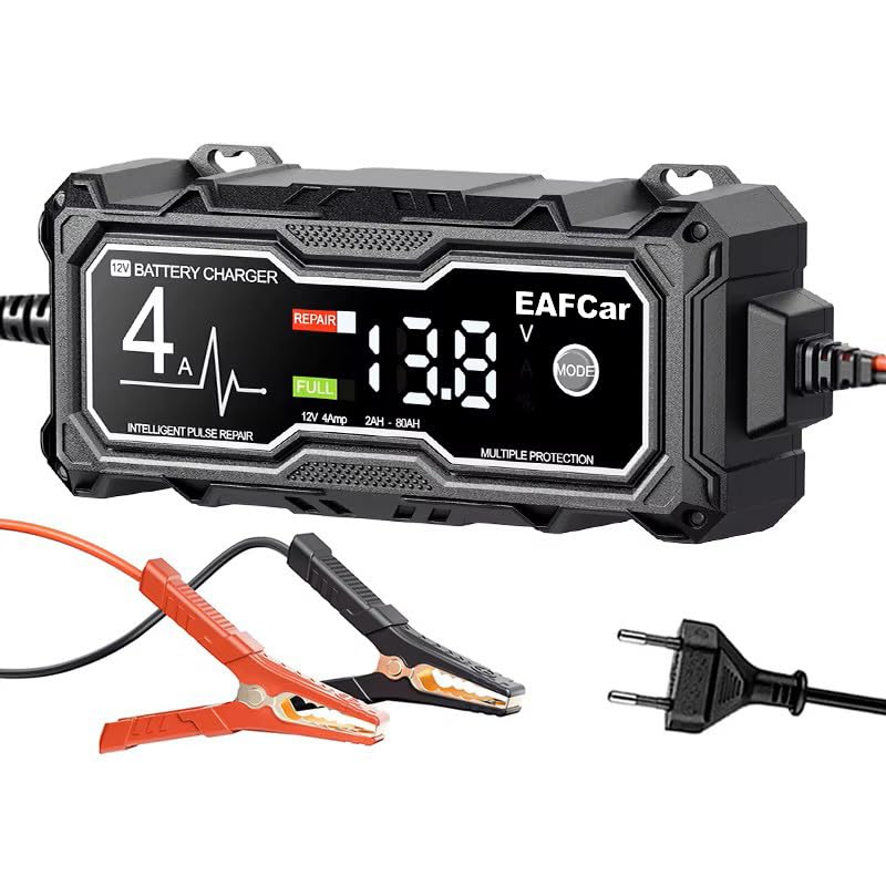 Auto akumulatora lādētājs EAFCar, 4A 12V vieds pilnībā automātisks ar LCD ekrānu, piemērots auto, kravas auto, motociklu, zāles pļāvēju un laivu akumulatoriem