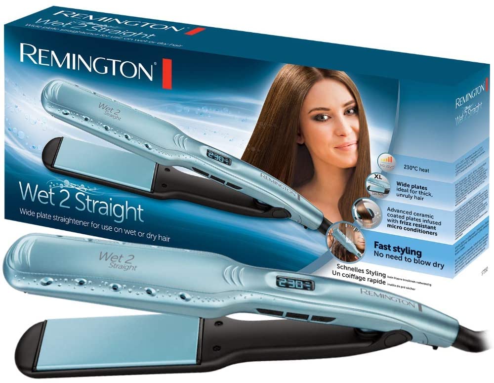 Remington Glätteisen plats Wet2Straight (noderīgs mitriem un sausiem matiem - matu žāvēšanai un izlīdzināšanai, siltuma aktivēti anti-frizz mikroaktīvi), LCD displejs, 140-230°C, matu izlīdzinātājs S7350, tirkīza