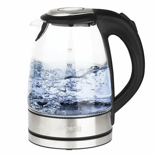 H.Koenig BO28 - 1.7L stainless steel glass kettle with automatic shut-off, blue LED light, 2200W for tea and herbal drinks.
