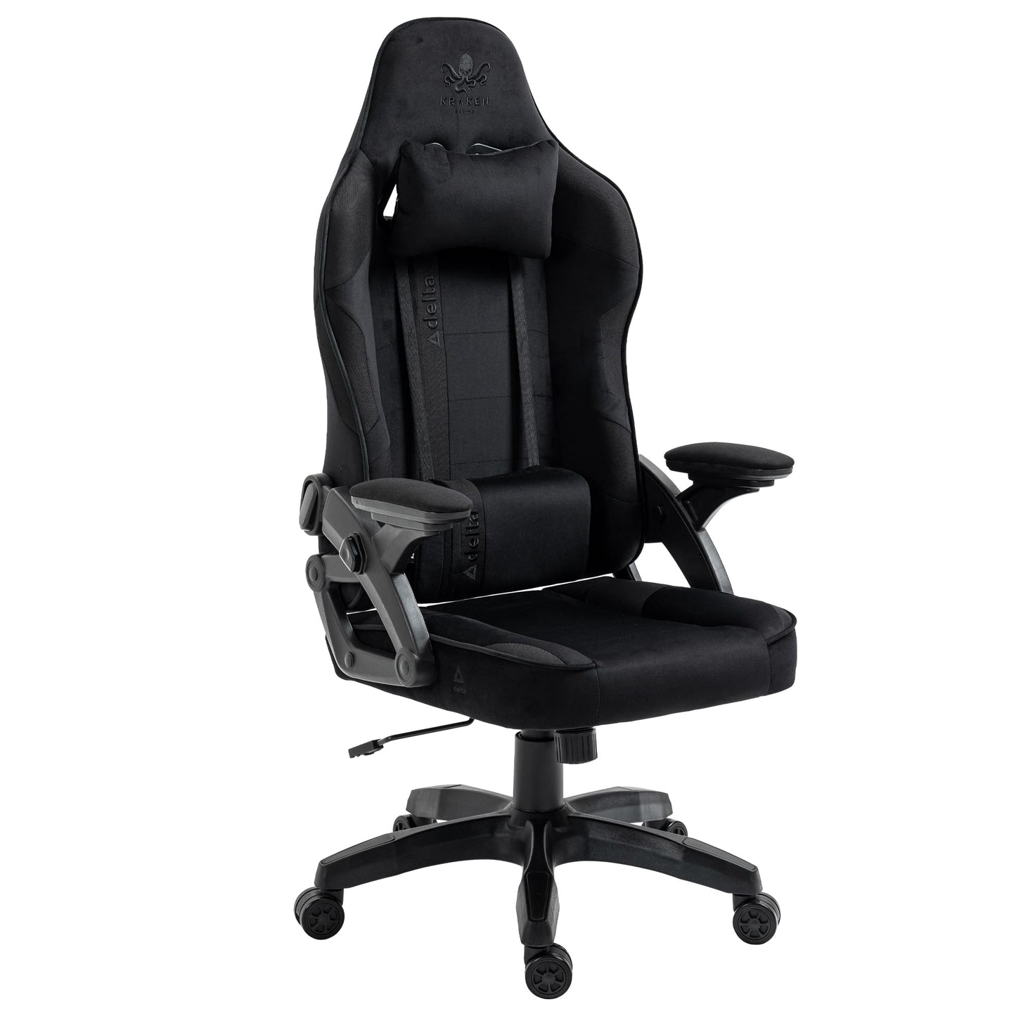 Gaming krēsls KRAKEN CHAIRS, auduma un samta apdare, ergonomisks, melns, ar jostasvietas spilvenu, galvas spilvenu, 2D roku balstiem un šūpošanās funkciju, biroja krēsls ar 120° atzveltnes slīpumu, 130 kg kravnesība