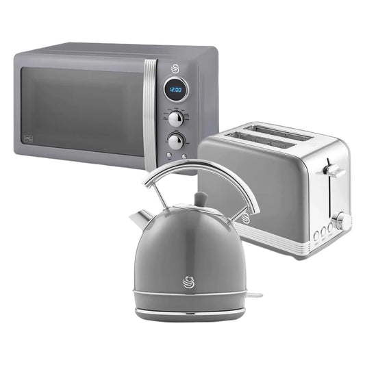 Swan Retro brokastu komplekts 1,8 L tējkanna, 2 šķēles plata maizes grauzdētājs, 20L digitālā mikroviļņu krāsns, 6 jaudas līmeņi, taimeris, spoguļa durvis, vintage dizains, pelēks, vienota izmēra