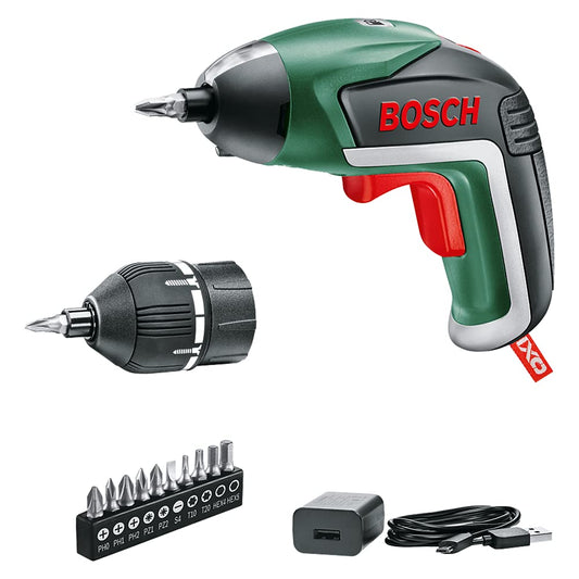Bosch IXO - 3.6V cordless screwdriver with torque bit, 10 bits, USB charger, and cardboard box, Amazon edition.