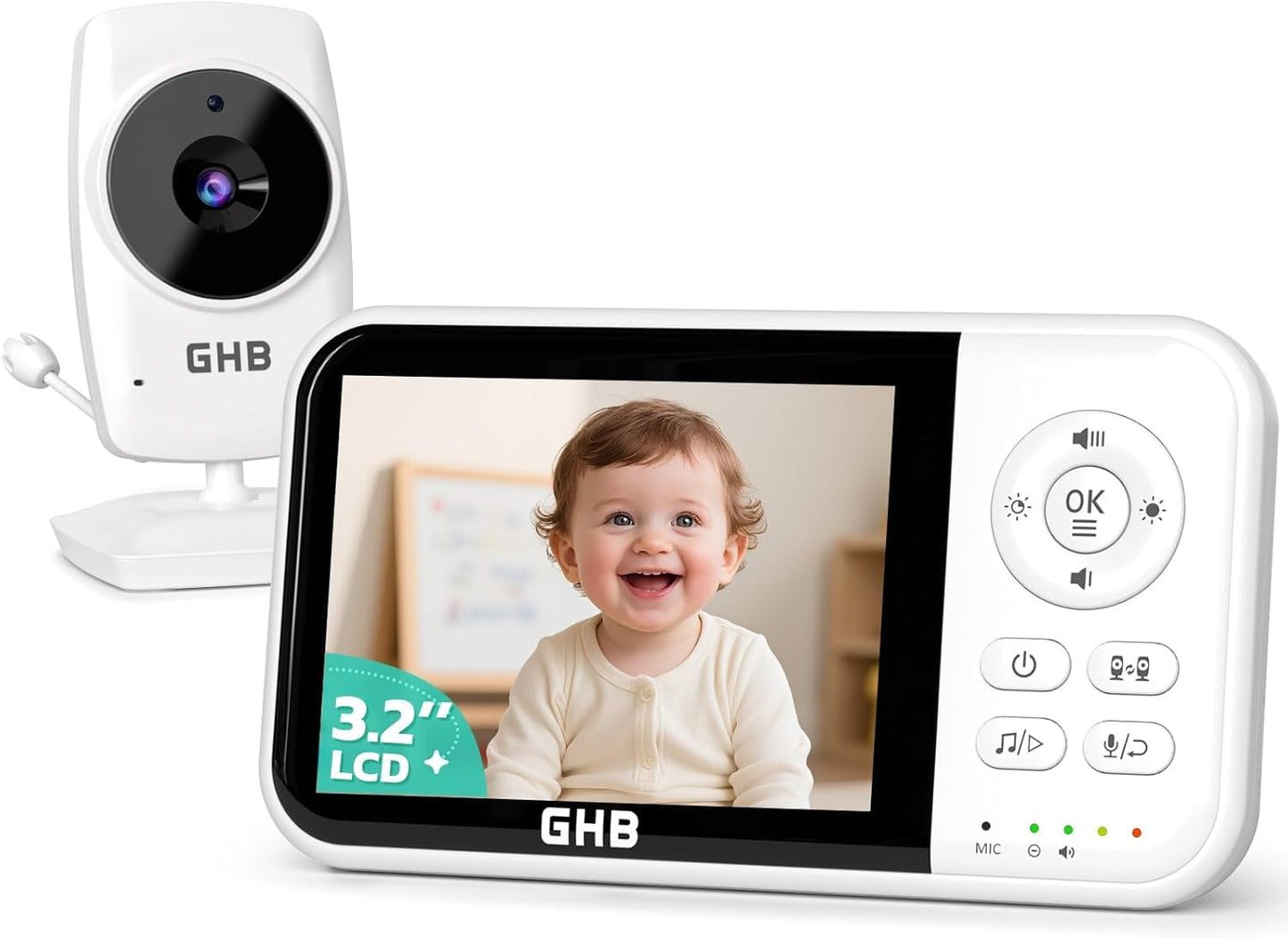 Bērnu monitors ar kameru GHB Babyphone ar 3,2 Zoll ekrānu, balts
