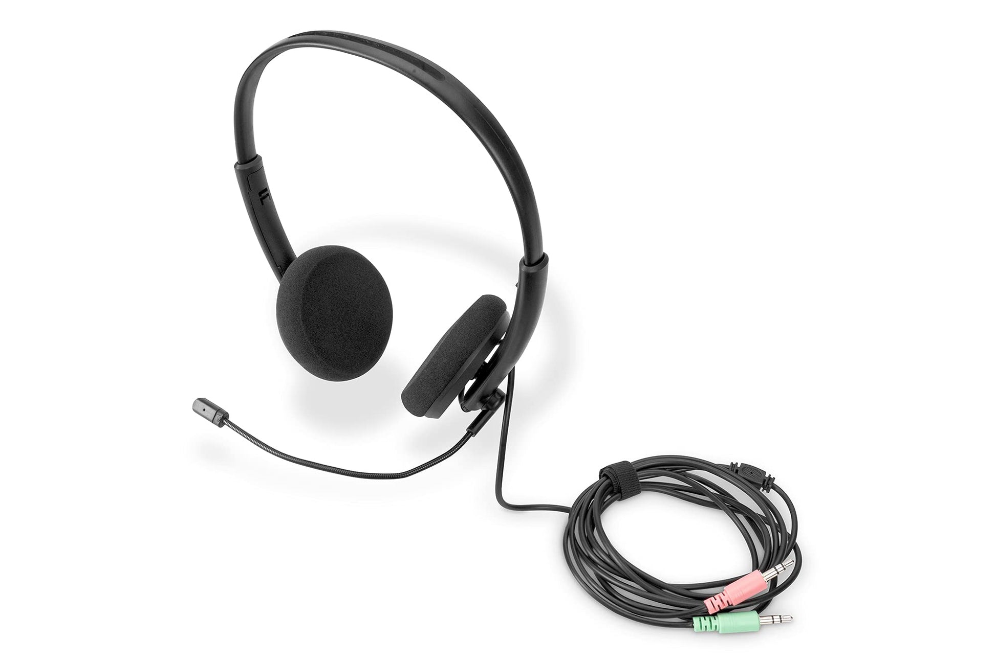 DIGITUS Stereo austiņas - uz auss, trokšņu samazināšana, 1,95 m kabelis, vadības bloks, 2x3,5 mm stereo ligzdas
