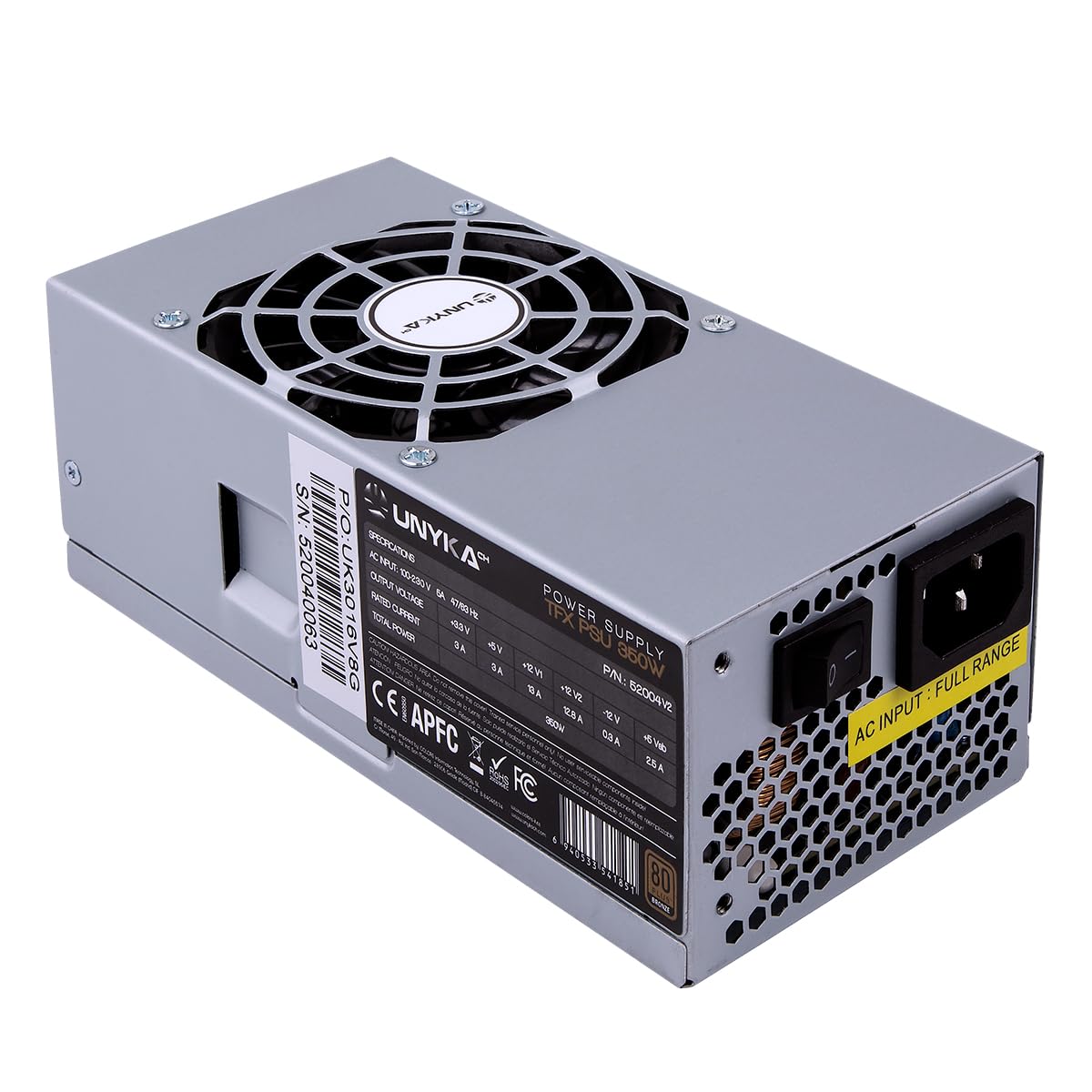 UNYKAch TFX 350W Power Supply - 80 Plus Bronze, 80mm fan, ultra-quiet operation, efficient performance.