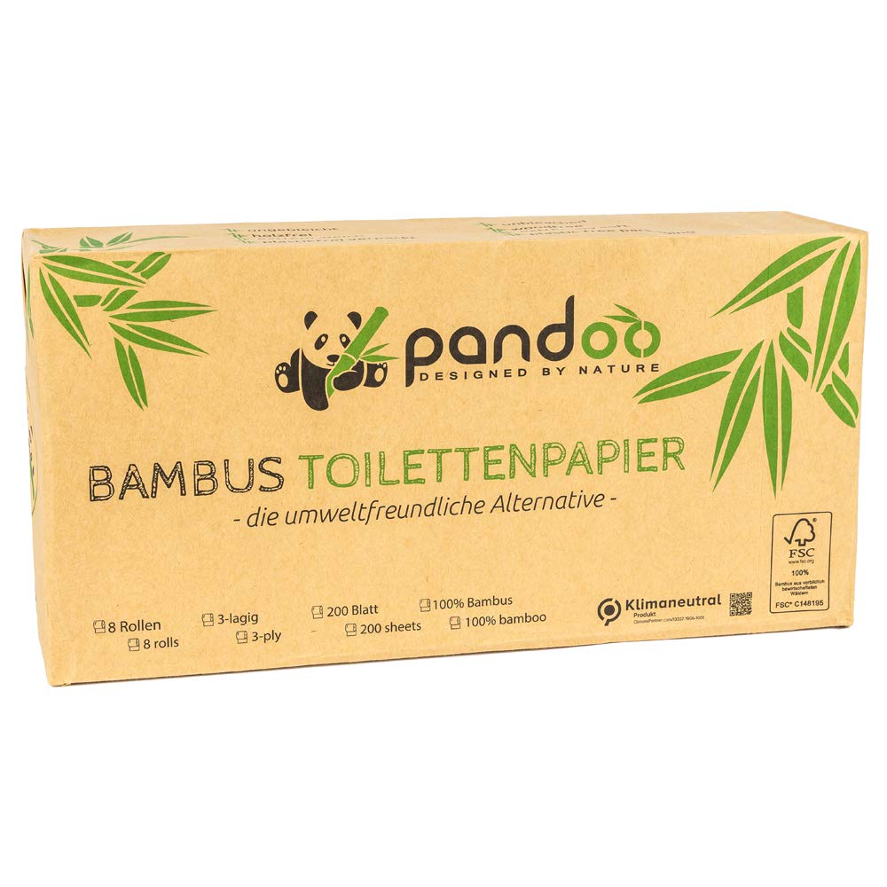 pandoo 100% bambusa tualetes papīrs | Koksnes nesaturošs, plastmasas nesaturošā iepakojumā, 3 slāņi, īpaši maigs | 12 x 8 ruļļi á 200 loksnes (96 ruļļi)