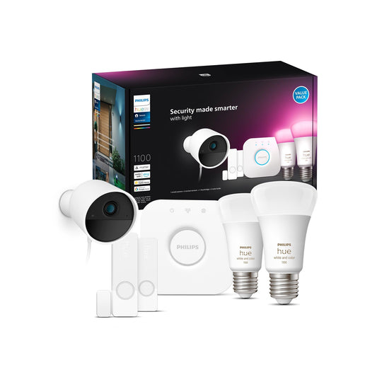 Philips Hue Secure sākuma komplekts, Hue Secure vadu kamera, Hue kontaktu sensori, Hue E27 White & Color Amb. lampas, Hue Bridge, divvirzienu saruna, vadāms ar Hue lietotni, balts