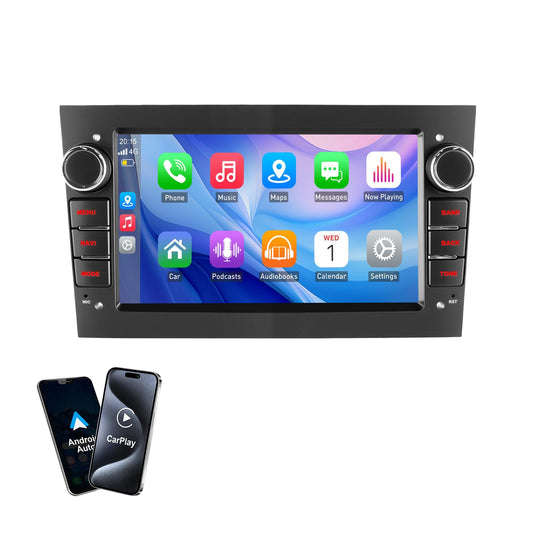 ESSGOO 2+64G bezvadu autoradio Android 14 ar Carplay un Android Auto Opel Astra H Corsa C/D Vectra C Zafira, 7 collu IPS skārienekrāns, Bluetooth, FM, RDS, GPS, melns, mikrofons
