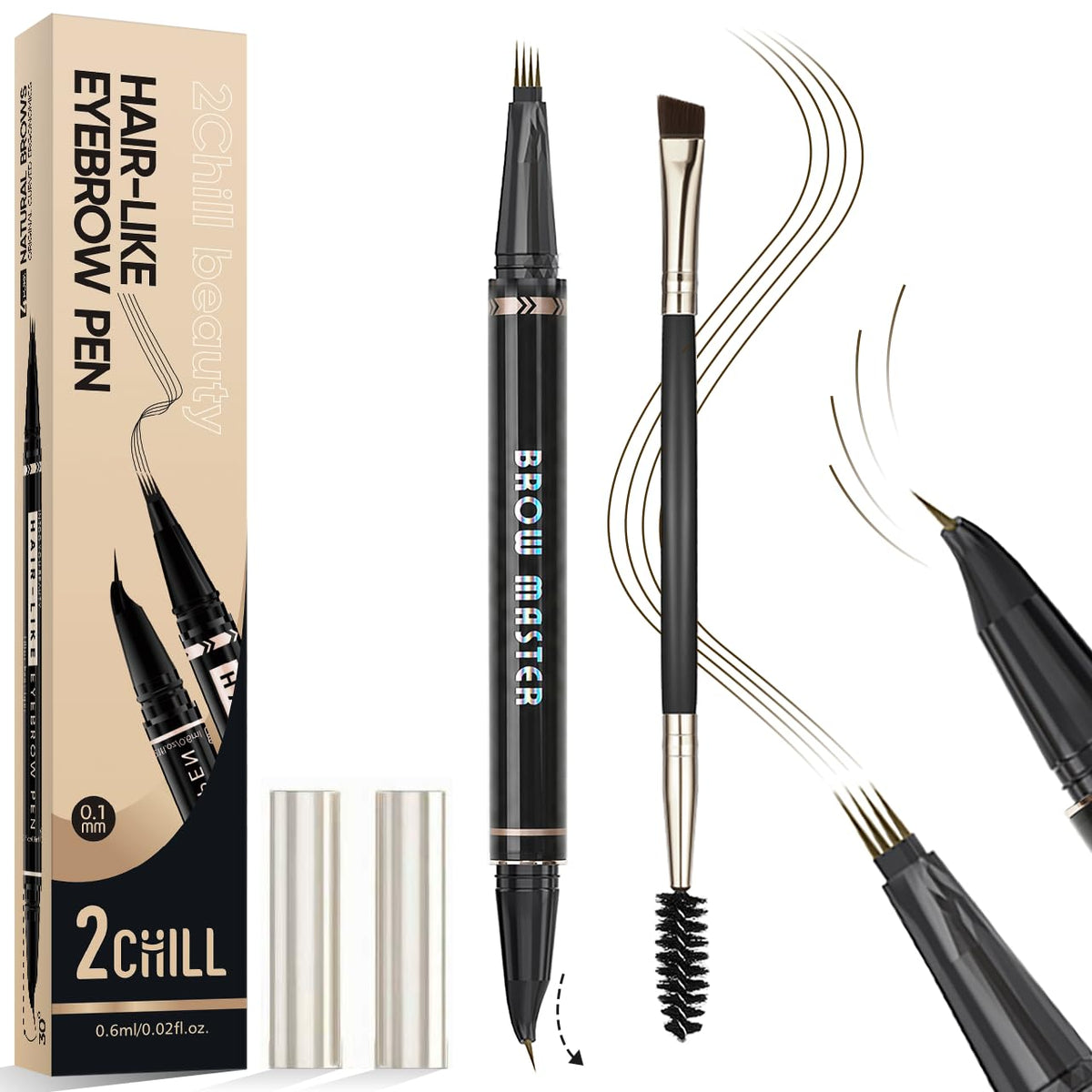 2CHILL 30° liekts uzacu zīmulis, 2-in-1 ūdensizturīgs microblading uzacu pen ar 4 uzgaļiem, precīzs otiņas aplikators izteiksmīgai krāsai (brūns)