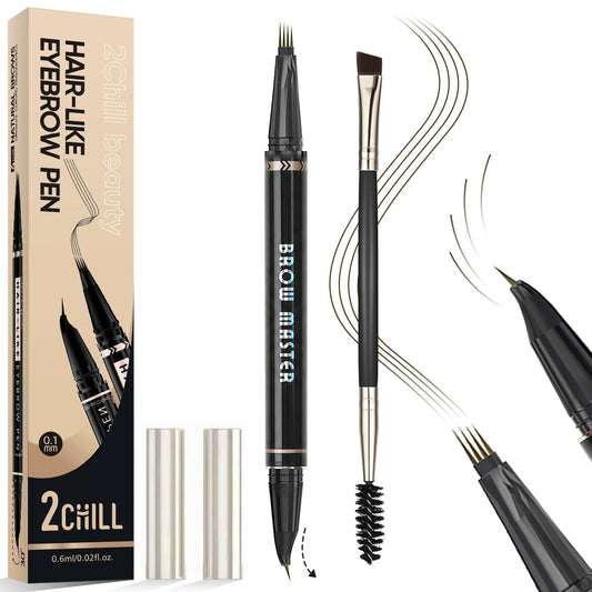 2CHILL 30° liekts uzacu zīmulis, 2-in-1 ūdensizturīgs microblading uzacu pen ar 4 uzgaļiem, precīzs otiņas aplikators izteiksmīgai krāsai (brūns)