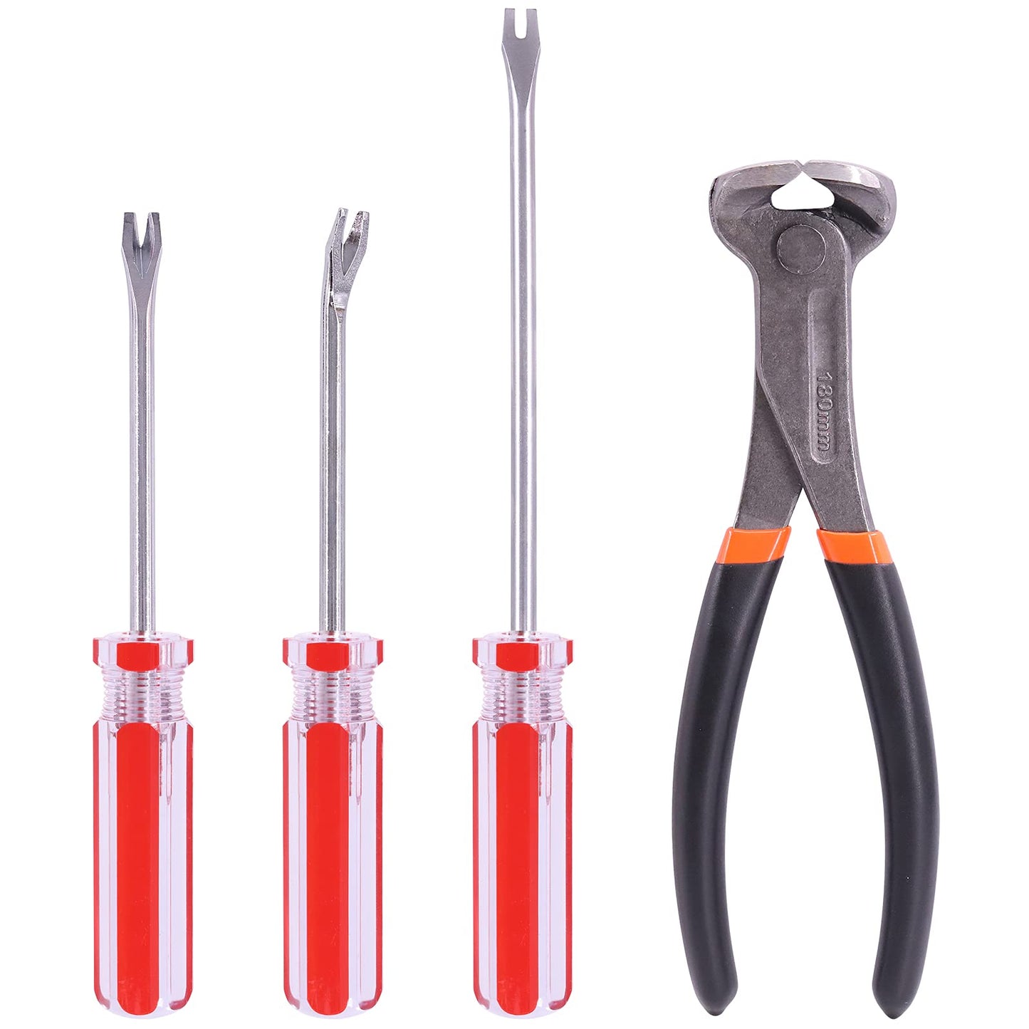 Glarks 4 daļu naglu izvilkšanas instrumentu komplekts, 17,8 cm gala griezējknaibles, 10,2 cm liekams U uzgaļa un V uzgaļa naglu izvilkējs, 15,2 cm U uzgaļa pacēlājs naglu griešanai un noņemšanai
