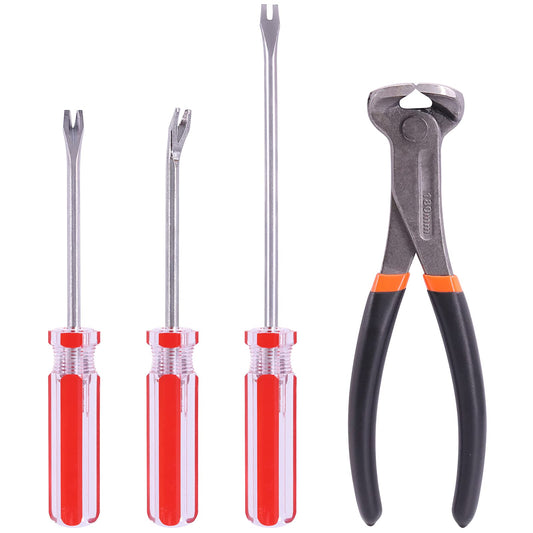 Glarks 4 daļu naglu izvilkšanas instrumentu komplekts, 17,8 cm gala griezējknaibles, 10,2 cm liekams U uzgaļa un V uzgaļa naglu izvilkējs, 15,2 cm U uzgaļa pacēlājs naglu griešanai un noņemšanai
