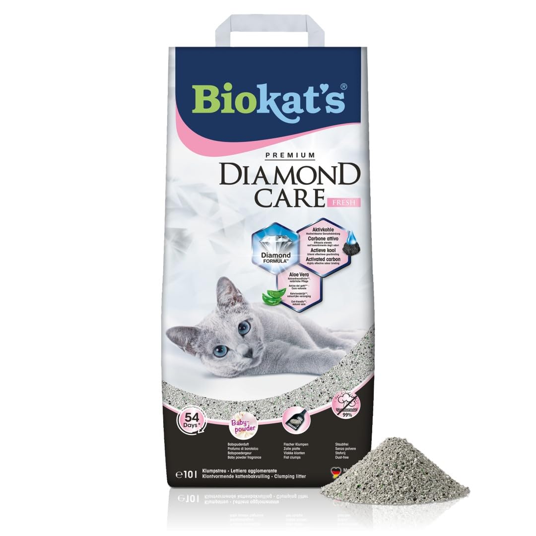 Kaķu pakaiši Biokat's Diamond Care Fresh ar bērnu pūdera aromātu, smalki salipstoši bentonīta pakaiši ar aktīvo ogli un alveju, 1 x 10 L