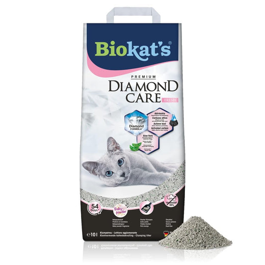 Kaķu pakaiši Biokat's Diamond Care Fresh ar bērnu pūdera aromātu, smalki salipstoši bentonīta pakaiši ar aktīvo ogli un alveju, 1 x 10 L