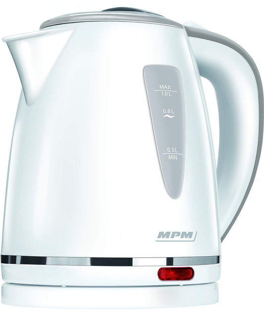 MPM MCZ-64 Kettle - 1L, BPA-free, hidden heater, 1200W, auto shut-off, cordless 360º, white