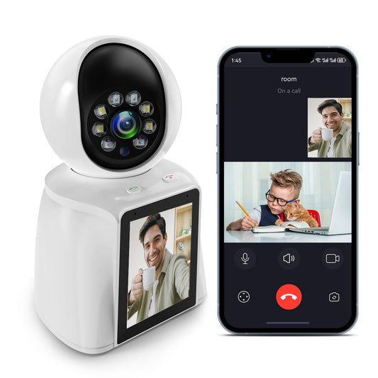 DIDseth iekštelpu uzraudzības kamera ar 2,8 collu ekrānu, 2K 3MP kamera iekštelpu uzraudzībai, 360 grādu Wi-Fi kamera ar divvirzienu video, suņu kamera mājdzīvnieku kamera ar lietotni, vienas pogas zvans (balta)