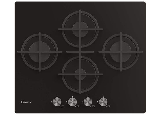 Candy CVG6DPB gāzes plīts no cietināta stikla, 4 degļi, iebūvēts grils, čuguns, drošības vārsts, LPG un metāns, 60 x 51 x 95 cm, melns