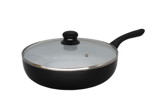 Karl Krüger 81126 alumīnija panna Rīga - 28 cm, melna spīdīga, ar stikla vāku, izturīga un viegli tīrāma.