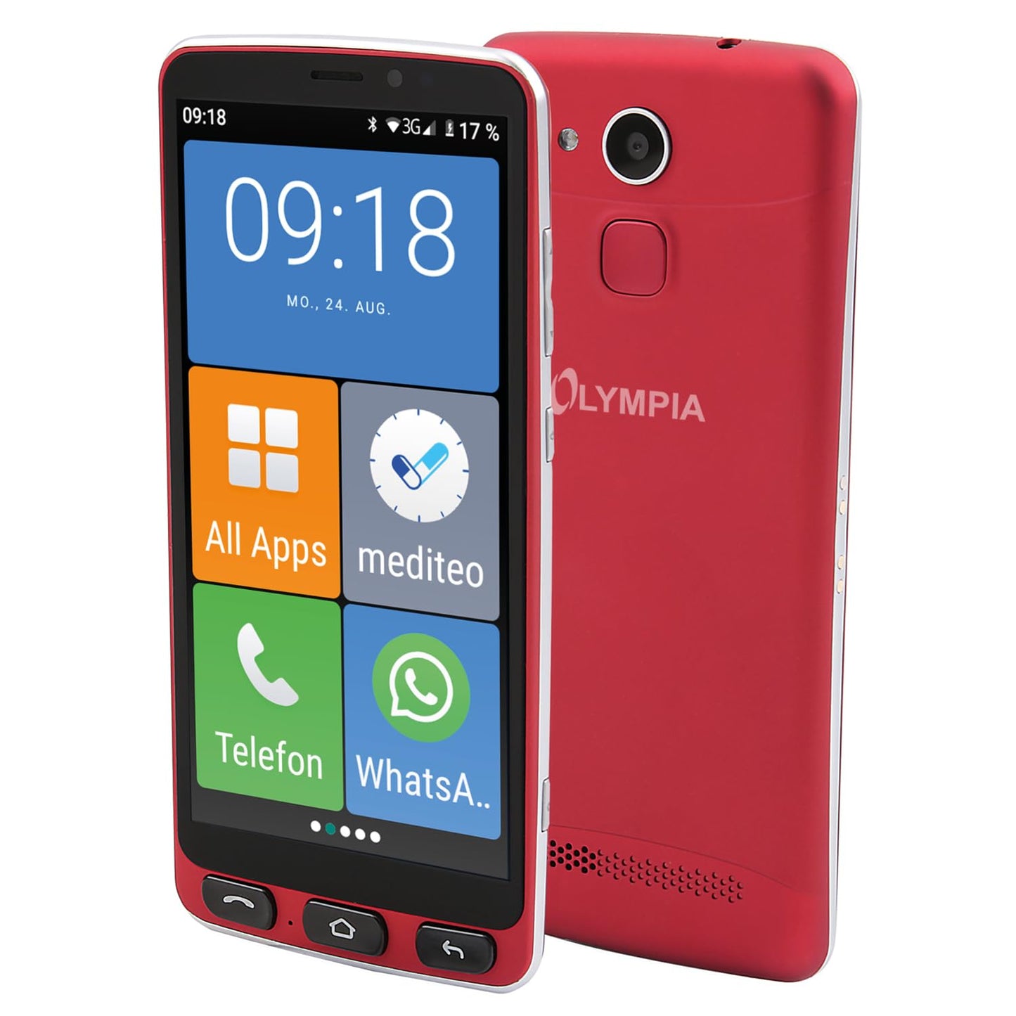 Senioru viedtālrunis Olympia NEO+ sarkans, liels displejs, SOS poga, WhatsApp, Android 15, 4G LTE
