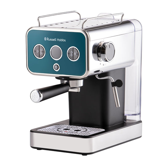 Russell Hobbs espresso automāts - 15 bāri, nerūsējošais tērauds, automātiska dozēšana, tvaika sprausla, Ocean Blue