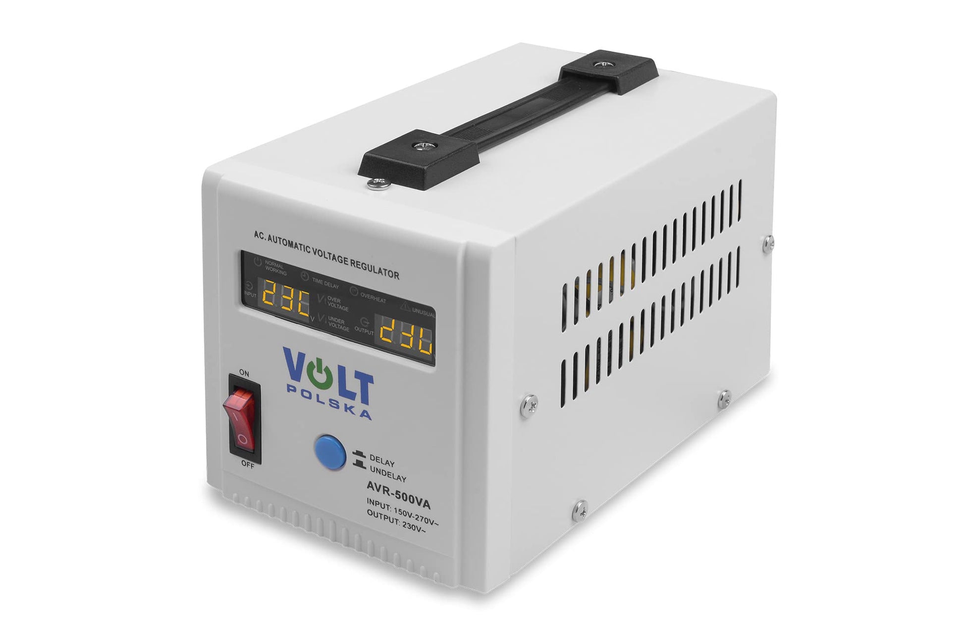 Sprieguma stabilizators AVR 500VA - 8-11% voltage regulation, compact design, reliable power protection.