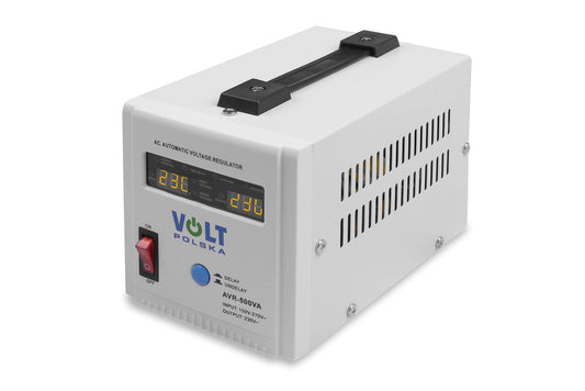 Sprieguma stabilizators AVR 500VA - 8-11% voltage regulation, compact design, reliable power protection.