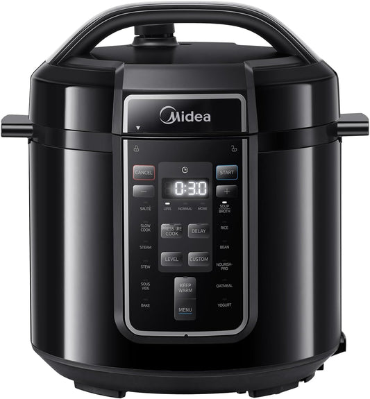 Midea elektriskais ātrvārītājs 9-in-1, 12 iepriekšiestatījumi instant-multivārītājs, nelipīga katla jogurta vārītājs, rīsu vārītājs, lēnā vārīšana, sautēšana, tvaicēšana, nerūsējošā tērauda iekšējais katls, 6 kvartas melns