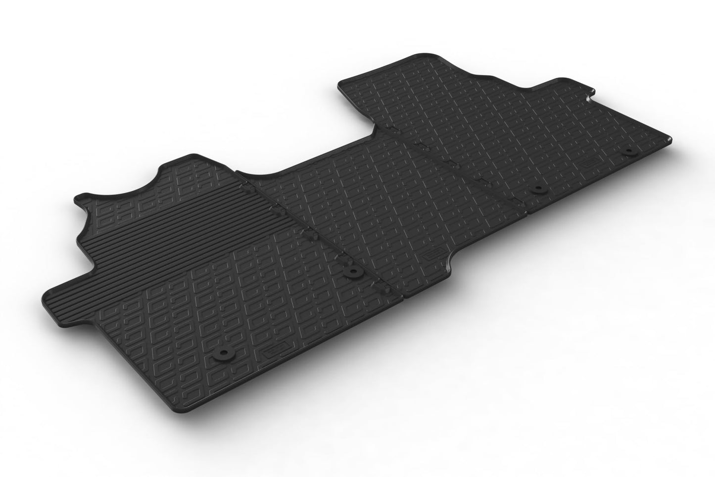 Komplektā gumijas paklāji, kas saderīgi ar Ford Transit Custom Furgon 2023- (ar manuālo pārnesumkārbu, sēdeklis/sols) (G profils 3 daļās + montāžas klipi), melns