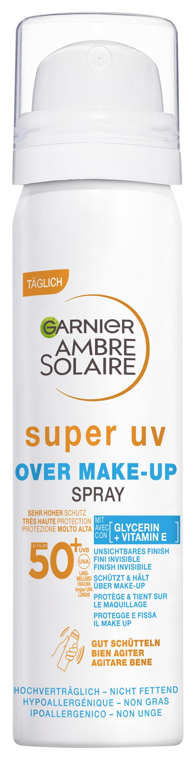 Saules aizsardzības sprejs sejai Garnier Ambre Solaire Super UV Over Make-up Spray LSF 50+, ar hialuronskābi
