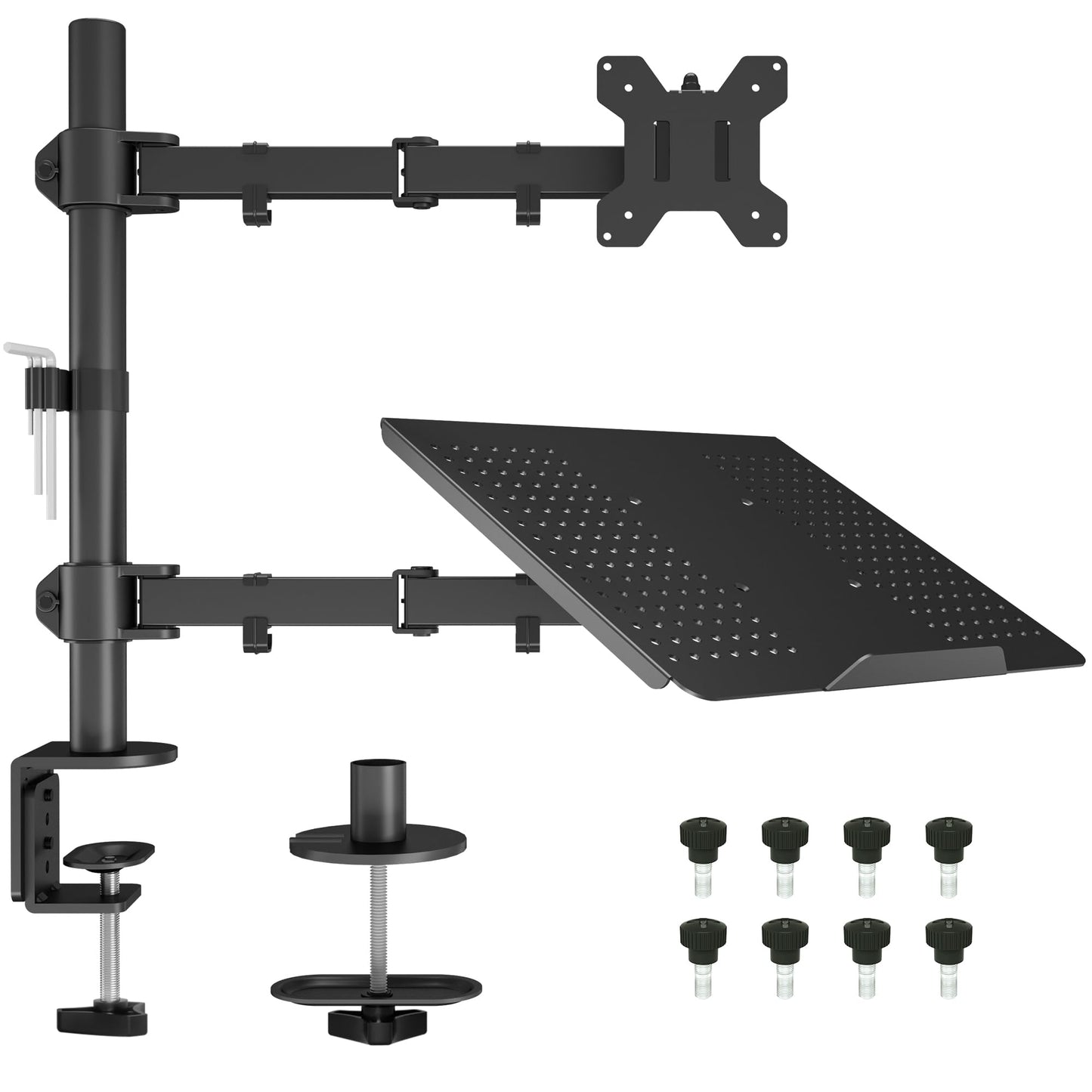 BONTEC monitora turētājs ar klēpjdatora turētāju 13-32 collu LCD LED ekrānam līdz 15,6“ klēpjdatoram, noliekams, grozāms, monitora un klēpjdatora turētājs galdam ar skavu, VESA 75x75-100x100mm