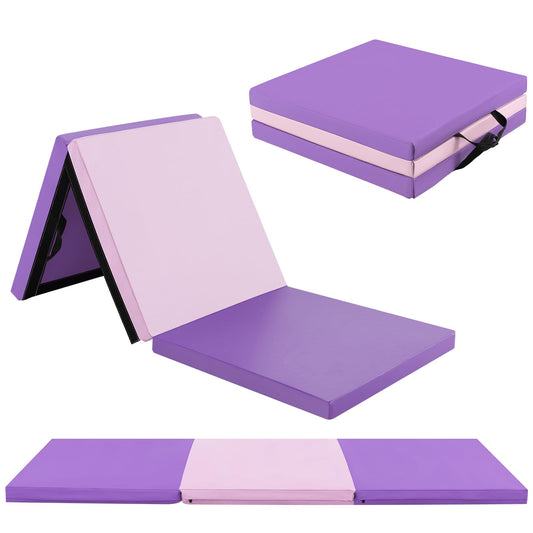GOPLUS saliekamais vingrošanas paklājs 180 x 60 x 5 cm, neslīdošs jogas paklājs ar lipekļa stiprinājumiem un pārnēsāšanas rokturiem, mākslīgās ādas treniņu matracis vingrošanai un jogai (Lila + Rosa)