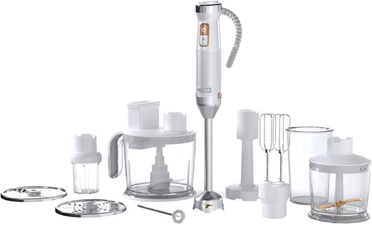 Sencor daudzfunkcionāls ultra jaudīgs rokas mikseris 10 in 1, 1500W, ar titāna QuadBlade tehnoloģiju, bezpakāpju ātruma kontrole, ergonomiska rokturis un pilns piederumu komplekts - balts [SHB 6551WH]
