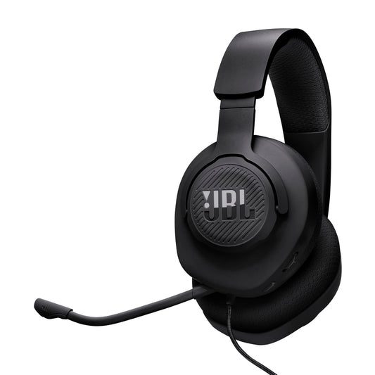 Spēļu austiņas JBL Quantum 100M2 ar vadu, virs auss novietojamas, JBL QuantumSOUND Signature, 3,5-mm audio savienojums, saderība ar vairākām platformām un noņemams mikrofons ar izslēgšanas funkciju, melnas