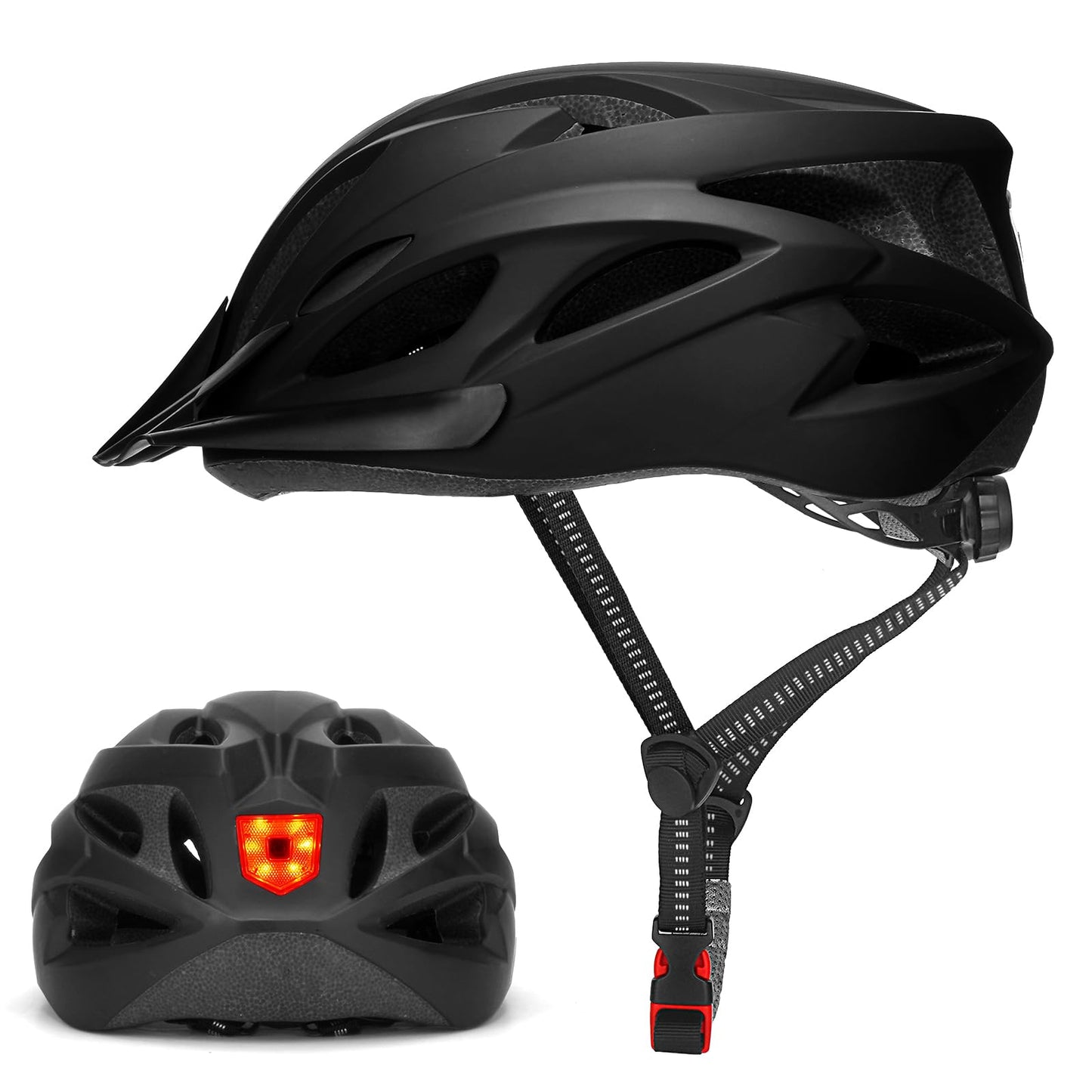Pieaugušo velosipēda ķivere ar gaismu, pilsētas velosipēda ķivere, regulējama unisex velo ķivere sievietēm un vīriešiem 57–62 cm (tumši melna)