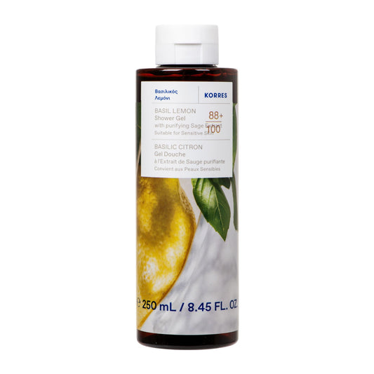 Dušas želeja KORRES BASIL LEMON ar attīrošu salvijas ekstraktu, svaiga bazilika un citrusaugļu aromāts, dermatoloģiski pārbaudīta, vegāna, bez silikoniem un parabēniem, 250 ml
