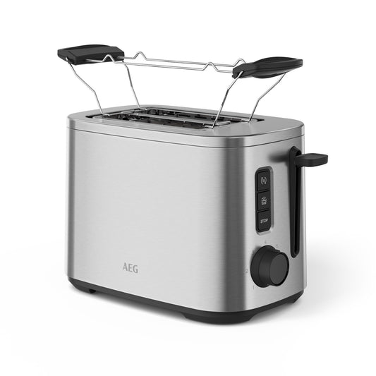 AEG T5-1-4ST tosteris Deli 5 / 7 grauzdēšanas iestatījumi / atpakaļskaitīšanas taimeris / apturēšanas, atkausēšanas, sildīšanas poga / automātiska centrēšana / auksta pieskāriena korpuss / plata atveres / drupatu atvilktne / nerūsējošais tērauds