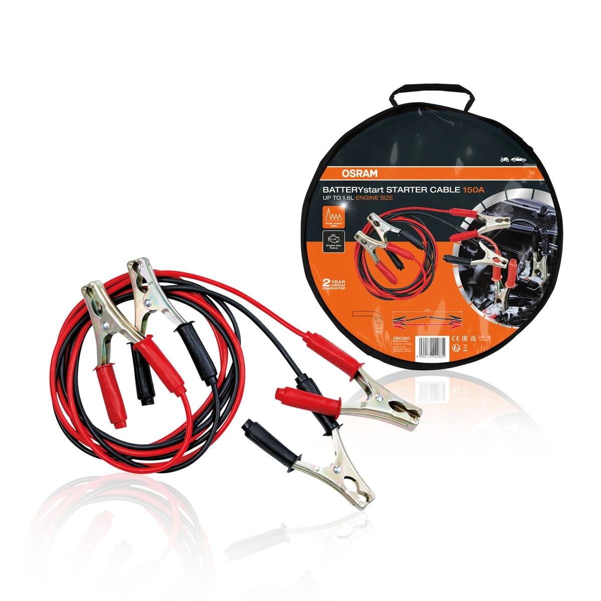 OSRAM STARTER CABLE 150A, palaišanas vadi benzīna motoriem, 6/12, OSC060, palīgpalaišanas kabelis dzinējiem ≤1,6L, vara pārklāts alumīnijs, 2,5m