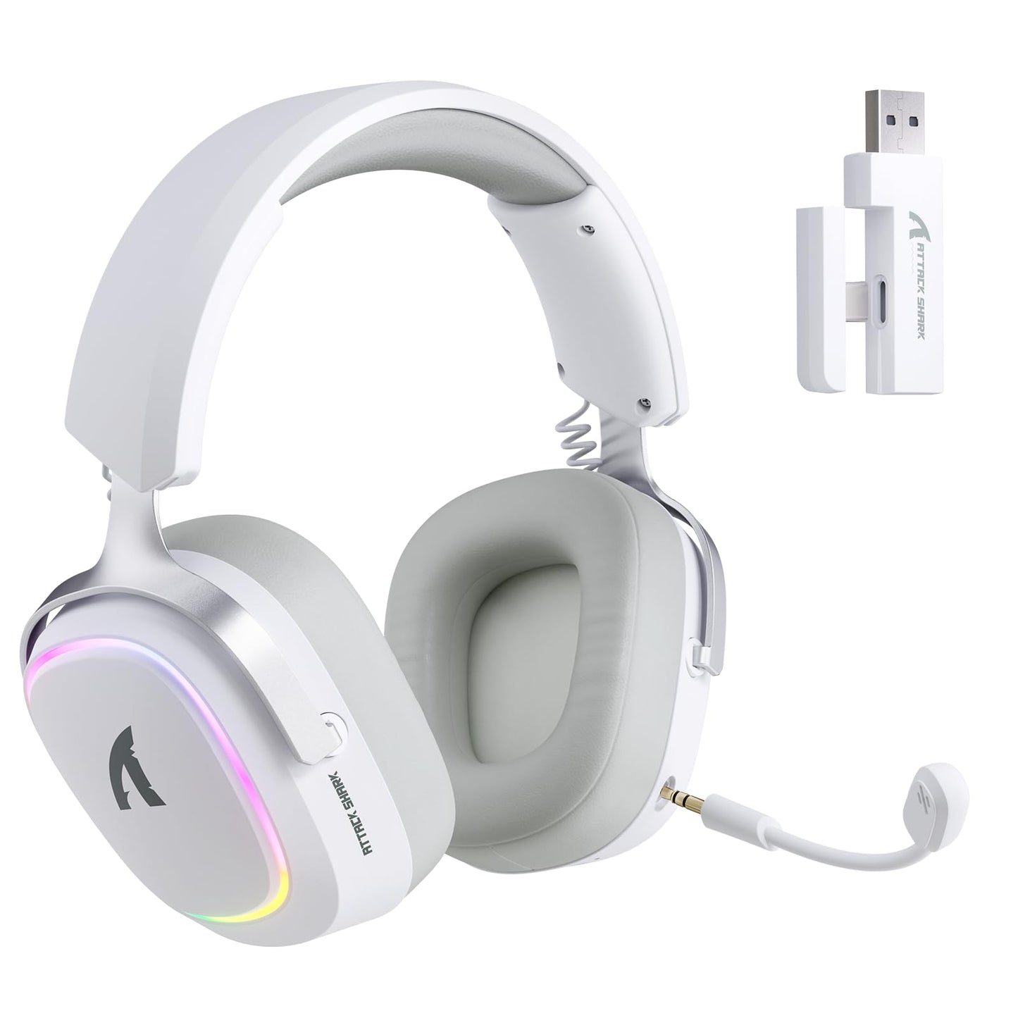 Bezvadu spēļu austiņas ATTACK SHARK G800, alumīnija rāmis, 7.1 Surround, salokāms ENC mikrofons, Tri-Mode (2.4G/BT/3.5mm), 1000mAh, 50mm draiveri, RGB, PC/Mac/PS, balta