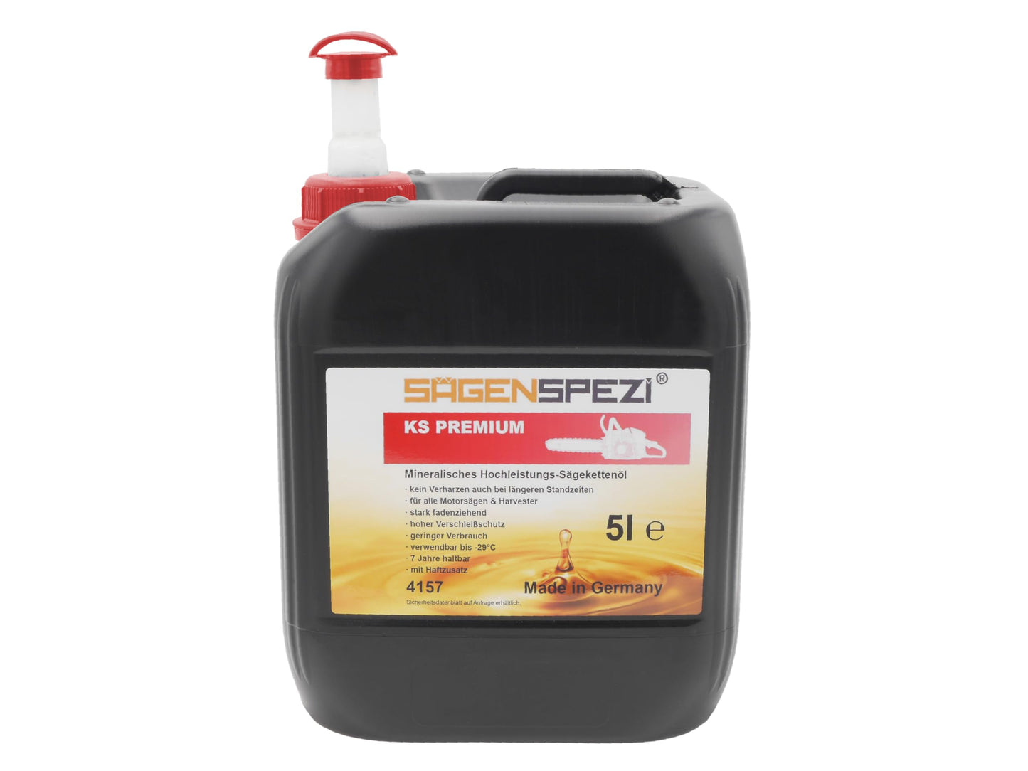 Motorzāģu eļļa 5 litri SÄGENSPEZI Haftöl KS Premium, minerāla ķēžu adhēzijas eļļa motor-, elektro- un akumulatora zāģiem, 5L kanna