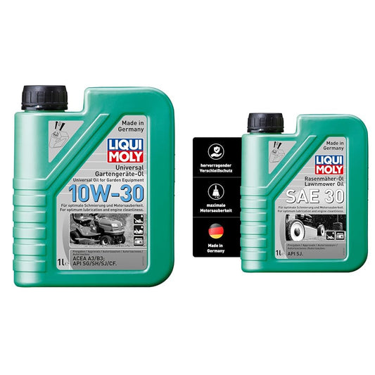 LIQUI MOLY Universālā dārza iekārtu eļļa 10W-30 | 1 L | minerālu motoru eļļa | Art.-Nr.: 1273 & zāles pļāvēja eļļa SAE 30 | 1 L | dārza iekārtu eļļa | Art.-Nr.: 1264