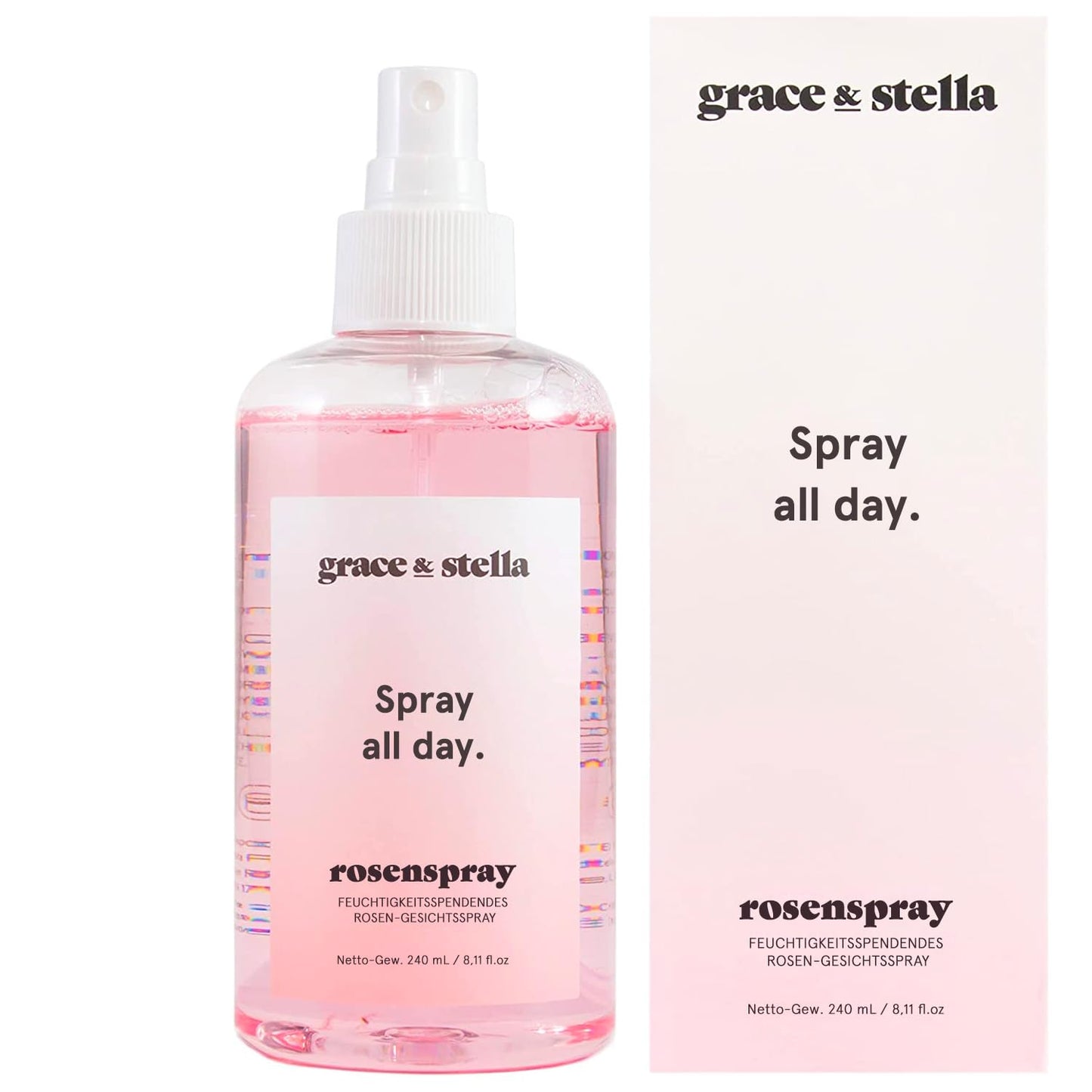 Grace & Stella rožu ūdens aerosols, apbalvots rožūdens sejas toniks, nomierinošs rožu ūdens sprejs sejai, Rose Water Toner, tīrs rožūdens, vegānisks sejas toniks [240 ml]
