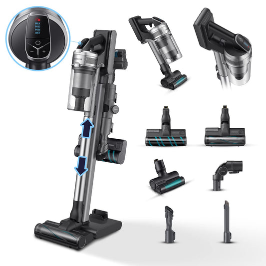 Samsung Jet 90 Complete - HEPA filtration, silver-black design, includes 6 accessories for versatile cleaning.
