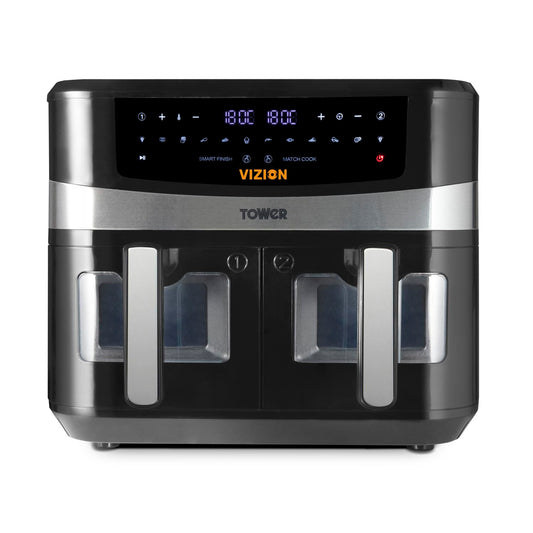 Tower T17100 Vortx Vizion 9L hot air fryer - dual baskets, digital control panel, 10 one-touch settings, black
