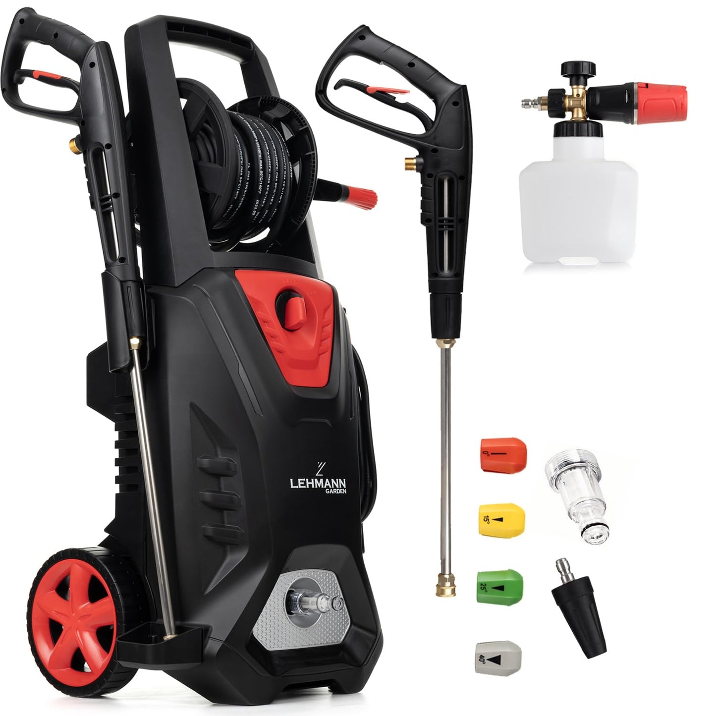 LEHMANN augstspiediena mazgātājs ar indukcijas motoru, 3000 W, max. 260 bar, 492 l/h, 12m augstspiediena šļūtene, piederumi - putu lance, 4 sprauslas, turbo sprausla, melns/sarkans