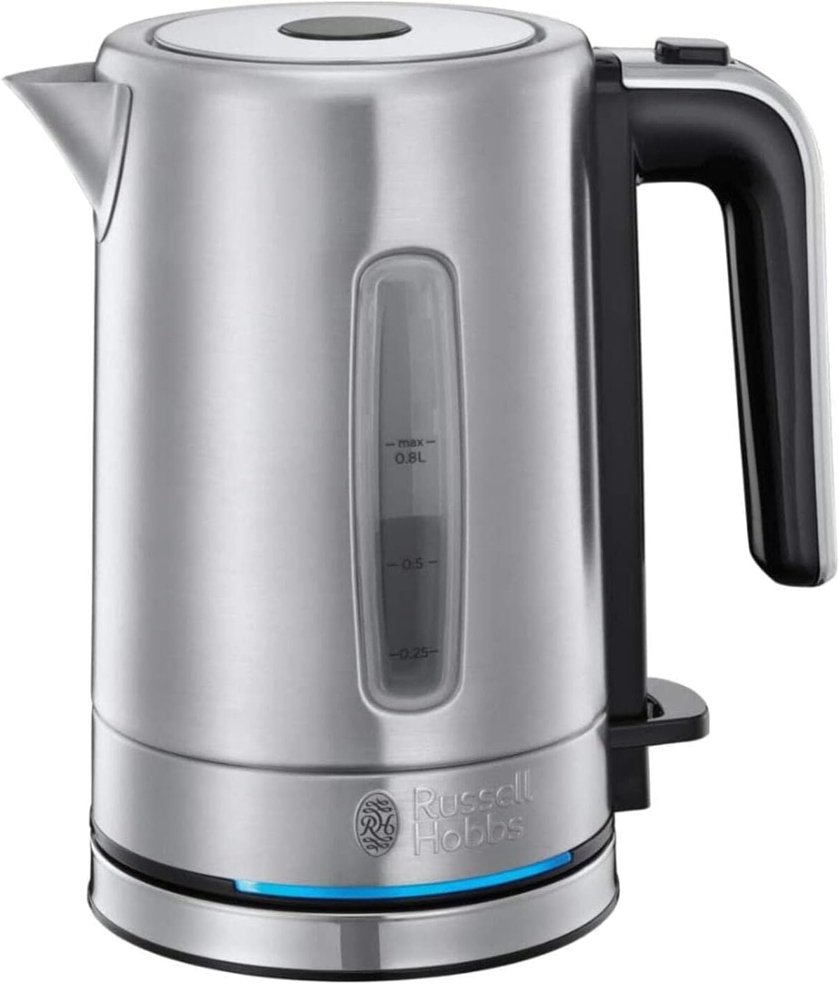 Russell Hobbs mazs ūdens vārītājs - 0,8l, kompakts, nerūsējošais tērauds, 2200W, LED apgaismojums, izņemams filtrs.