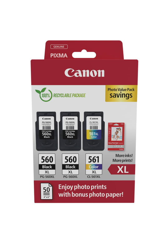 Canon oriģināltinte PG-560XL x 2 / CL-561XL - 2x melna XL un 1x krāsa XL, iekļauts Canon fotopapīrs GP-501 50 loksnes.