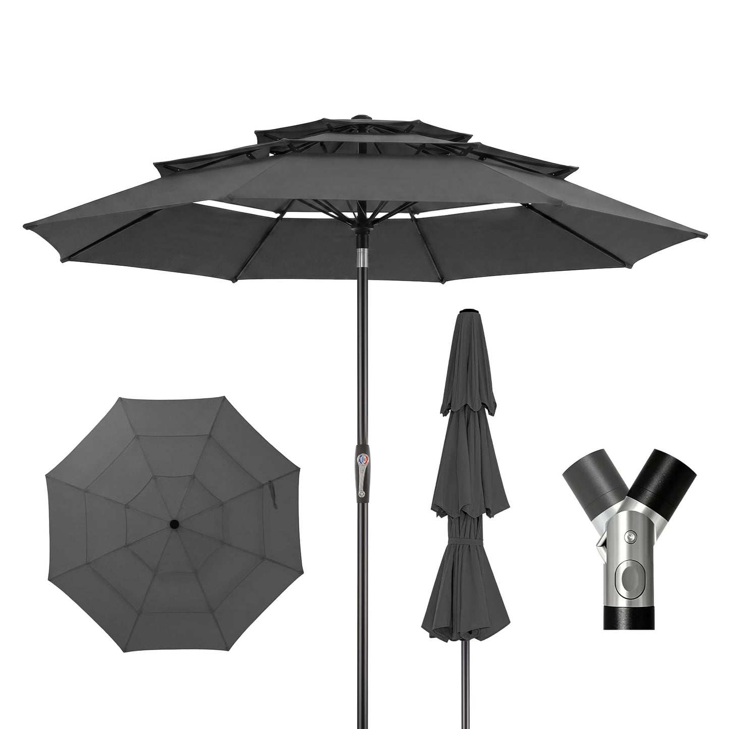 LUE BONA saulessargs Ø300 cm, 3 līmeņu ventilējams jumts, salokāms tirgus saulessargs ar 8 stiklašķiedras spieķiem un kloķi, UPF 50+ terases saulessargs 8 personām, antracīts (bez pamatnes)