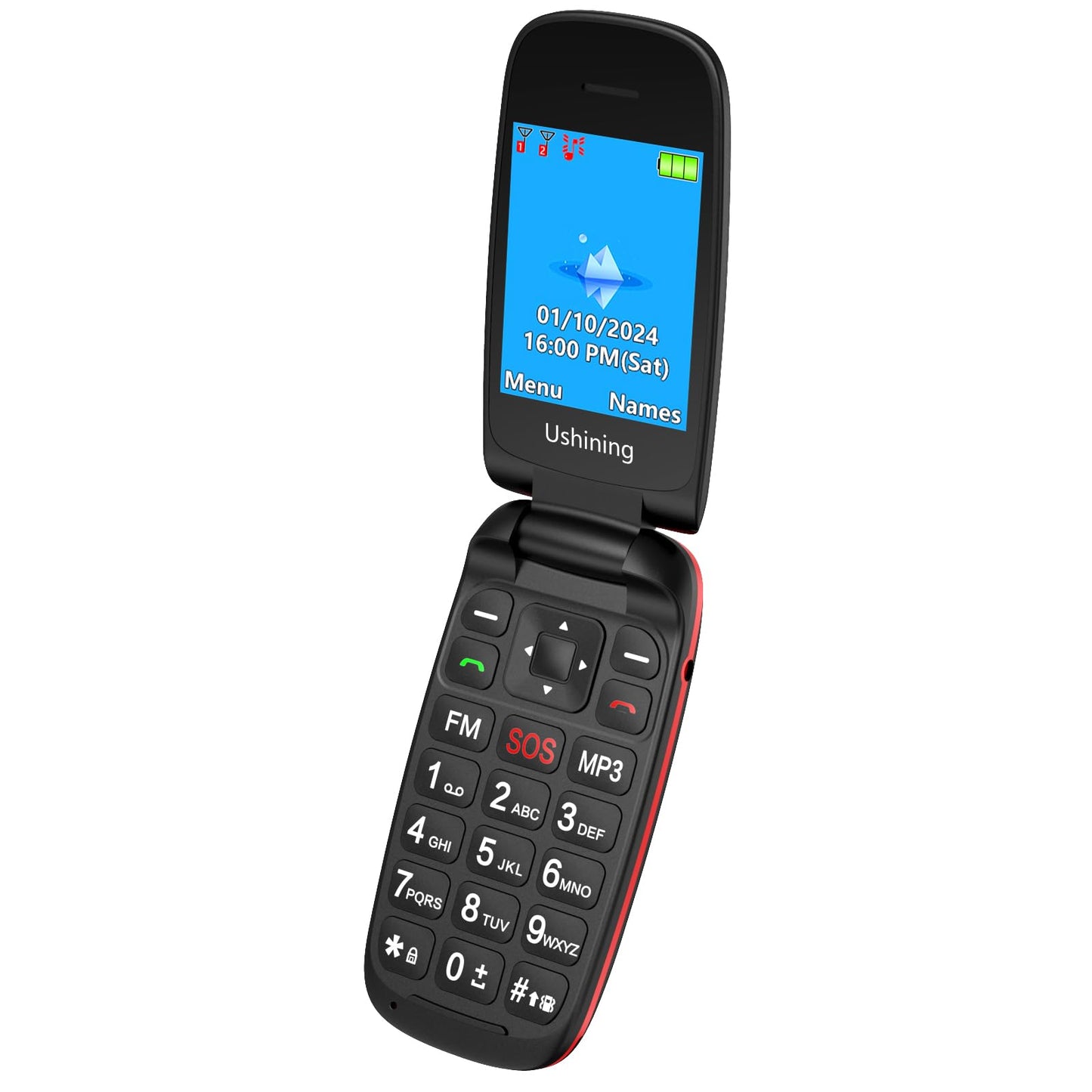 Senioru mobilais telefons CHAKEYAKE bez līguma, atlokāms tālrunis ar lielām pogām, 2G GSM, 1.7 Zoll krāsu displejs, Dual SIM, SOS trauksmes poga, lukturītis, melni sarkans