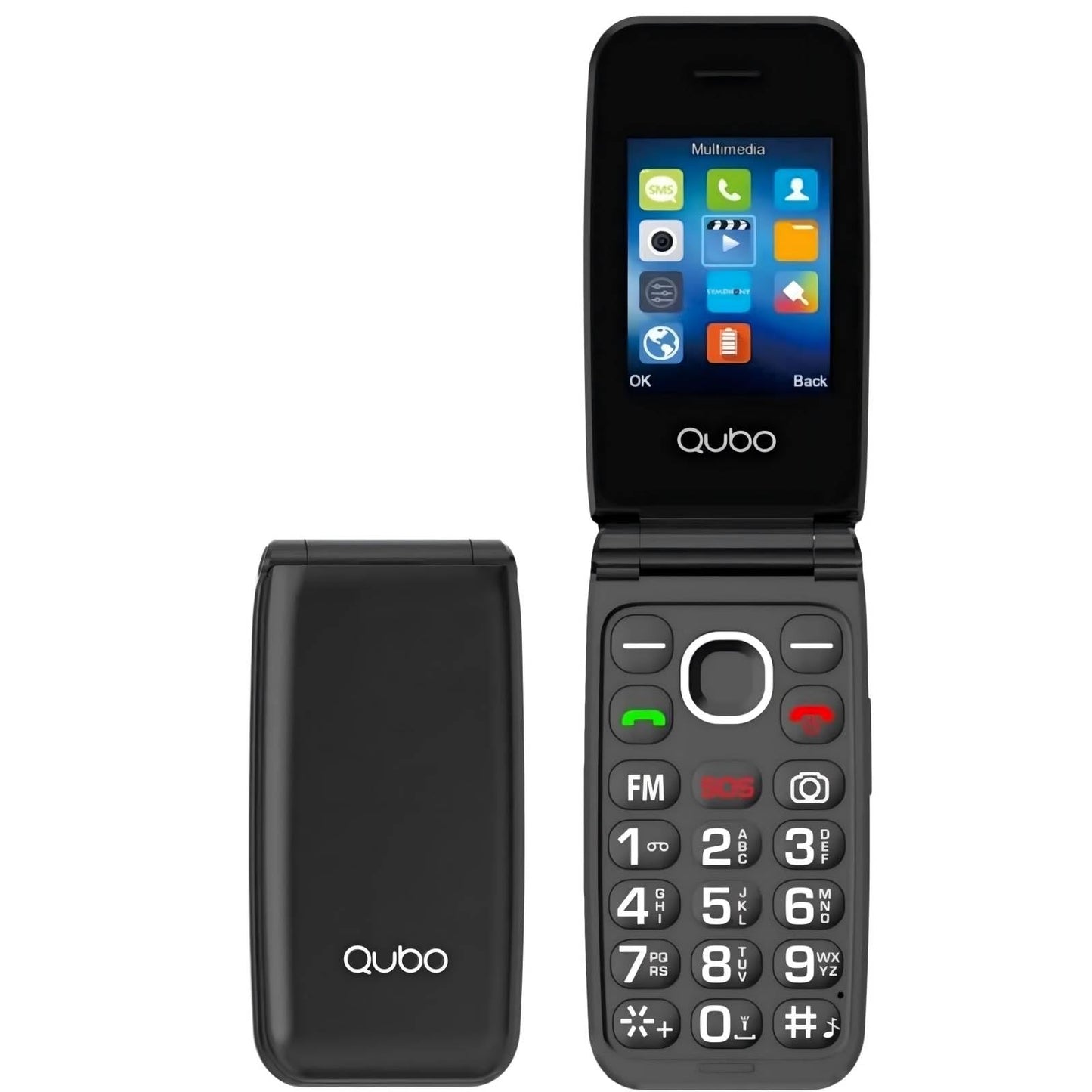 Senioru telefons Qubo bez līguma — salokāms GSM mobilais tālrunis ar lielām pogām, SOS funkcija, lukturītis, FM radio, 2,4 collu krāsu displejs, melns